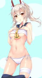 Rule 34 | 1girl, :o, anchor print, ayanami (azur lane), azur lane, bandages, bare arms, bare shoulders, bikini, bikini bottom only, blush, breasts, brown eyes, checkered background, commentary request, cowboy shot, crop top, gluteal fold, hands on own chest, headgear, highres, legs apart, long hair, mole, mole under eye, neckerchief, open mouth, ponytail, sailor collar, shirt, side-tie bikini bottom, sidelocks, silver hair, sleeveless, sleeveless shirt, small breasts, sogaya, solo, standing, swimsuit, underboob, white bikini, yellow neckerchief