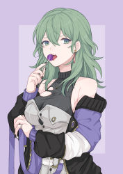 Rule 34 | 1girl, absurdres, alternate costume, banned artist, bare shoulders, black nails, breasts, button gap, byleth (female) (fire emblem), byleth (fire emblem), candy, casual, cleavage, coat, collarbone, commentary request, earrings, enlightened byleth (female), eyelashes, fire emblem, fire emblem: three houses, food, hand up, highres, holding, holding food, jewelry, large breasts, licking, lollipop, long hair, long sleeves, looking to the side, multicolored clothes, multicolored coat, nail polish, necklace, nintendo, o-ring, off shoulder, open clothes, open coat, open mouth, purple background, ring, shimizu akina, simple background, skindentation, solo, tassel, tassel earrings, teeth, tongue, tongue out, torn clothes, two-tone background, upper body, upper teeth only