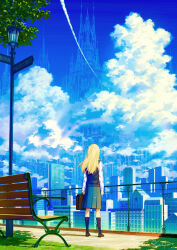 Rule 34 | 1girl, bag, bench, blonde hair, blue sky, blue socks, blue vest, brick floor, brown bag, brown footwear, cathedral, cityscape, cloud, cloudy sky, contrail, cumulonimbus cloud, day, fence, from behind, full body, grass, grey skirt, handbag, holding, holding bag, kaitan, kneehighs, lamppost, loafers, long hair, long sleeves, original, outdoors, pleated skirt, railing, rainbow, revision, road sign, scenery, school bag, school uniform, shirt, shoes, sign, signature, skirt, sky, socks, solo, standing, tower, tree, vest, white shirt