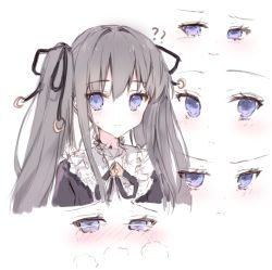 Rule 34 | 1girl, ?, ??, arcaea, black ribbon, black shirt, blush, closed mouth, commentary, cropped torso, crying, crying with eyes open, grey hair, hair between eyes, hair ribbon, highres, long hair, multiple views, nose blush, parted lips, purple eyes, ribbon, shirt, smile, sweat, tairitsu (arcaea), tandohark, tears, twintails, upper body, v-shaped eyebrows, wavy mouth, white background
