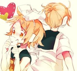 Rule 34 | 1boy, 1girl, back-to-back, bad id, bad pixiv id, bare shoulders, beige background, blonde hair, blush, brother and sister, covering own mouth, fuyusuke, fuyusuke (hz+), hair ornament, hair ribbon, hairband, hairclip, headset, heart, kagamine len, kagamine rin, letter, love letter, ponytail, ribbon, sailor collar, school uniform, serafuku, shirt, short hair, siblings, simple background, sleeveless, sleeveless shirt, twins, upper body, vocaloid, white shirt