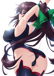Rule 34 | 1girl, ass, black hair, black legwear, black leotard, blue eyes, breasts, commission, covered erect nipples, from behind, hair ribbon, high ponytail, impossible clothes, impossible leotard, infinite stratos, kuzuryuu kennosuke, large breasts, leotard, long hair, looking at viewer, looking back, pilot suit, pixiv commission, ponytail, ribbon, shinonono houki, shiny clothes, shiny skin, skin tight, skindentation, solo, split ponytail, standing