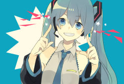 Rule 34 | 1girl, bad id, bad pixiv id, bare shoulders, blue eyes, blue hair, blush, detached sleeves, grin, hatsune miku, headset, looking at viewer, matching hair/eyes, necktie, pointing, pointing at self, simple background, smile, solo, twintails, vocaloid