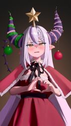Rule 34 | 1girl, absurdres, blush, braid, christmas ornaments, christmas star, heart, heart hands, highres, hololive, horns, la+ darknesss, long hair, looking at viewer, multicolored hair, pointy ears, purple hair, purple nails, slit pupils, solo, streaked hair, tears, toraifu, virtual youtuber, yellow eyes