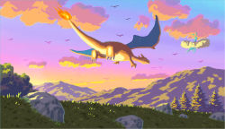 Rule 34 | altaria, bird, charizard, claws, cloud, commentary request, creatures (company), fire, fire, flame-tipped tail, flying, from below, game freak, gen 1 pokemon, gen 3 pokemon, grass, illustration room nagi, mountainous horizon, nintendo, no humans, outdoors, pokemon, pokemon (creature), rock, silhouette, sky, tree