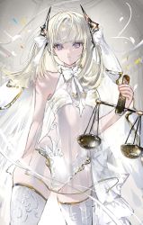 Rule 34 | 1girl, absurdres, bare arms, bare shoulders, blonde hair, blouse, bow, bowtie, commentary request, confetti, cowboy shot, gawako, grey background, hair bow, highres, holding scale, horns, linea alba, long hair, looking at viewer, original, panties, parted lips, purple eyes, see-through, see-through shirt, shirt, sleeveless, sleeveless shirt, solo, thighhighs, underwear, weighing scale, white bow, white bowtie, white panties, white thighhighs