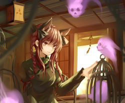 Rule 34 | 1girl, animal ears, birdcage, bow, braid, cage, cat ears, cat tail, ceiling, ceiling light, dress, eredhen, extra ears, fingernails, flaming skull, green dress, hair bow, hair ribbon, indoors, juliet sleeves, kaenbyou rin, light smile, long sleeves, looking away, mitsudomoe (shape), multiple tails, nail polish, puffy sleeves, red eyes, red hair, red nails, ribbon, sharp fingernails, short hair, sliding doors, solo, tail, tomoe (symbol), touhou, tress ribbon, twin braids, wheel, wind chime