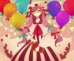 Rule 34 | 1girl, balloon, bespectacled, book, capelet, crescent, dress, earrings, female focus, glasses, hair ribbon, hat, jewelry, long hair, long sleeves, neckerchief, neko-san (dim.dream), patchouli knowledge, purple eyes, purple hair, ribbon, solo, striped clothes, striped dress, touhou, wide sleeves