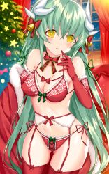 Rule 34 | 1girl, bare shoulders, bell, blush, bow, bow bra, bra, breasts, christmas, christmas tree, cleavage, collarbone, commentary request, fate/grand order, fate (series), finger to mouth, garter belt, garter straps, gluteal fold, green hair, green ribbon, hair bell, hair ornament, hair ribbon, head tilt, highres, horns, indoors, jingle bell, kiyohime (fate), lingerie, long hair, looking at viewer, medium breasts, morizono shiki, navel, neck ribbon, open mouth, panties, panties over garter belt, red bra, red ribbon, red thighhighs, ribbon, side-tie panties, sidelocks, smile, snow, snowing, solo, stomach, thigh gap, thighhighs, underwear, very long hair, window, yellow eyes