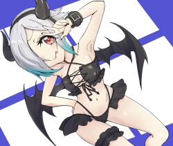 Rule 34 | 1girl, ago ch2016, armpits, blush, breasts, cleavage, closed mouth, demon girl, demon horns, demon wings, fake horns, fake wings, highres, horns, jashin-chan dropkick, large breasts, looking at viewer, navel, persephone ii, red eyes, short hair, smile, solo, tongue, tongue out, v, white hair, wings