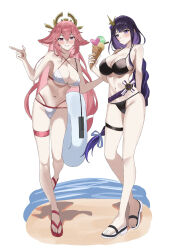 Rule 34 | 2girls, animal ears, bare shoulders, bikini, black bikini, criss-cross halter, food, fox ears, genshin impact, grin, halterneck, higashiwun izumi, highres, holding, holding food, ice cream, long hair, looking at viewer, multiple girls, navel, pink hair, purple eyes, purple hair, raiden shogun, sandals, simple background, smile, stomach, swimsuit, thigh strap, very long hair, white background, white bikini, yae miko