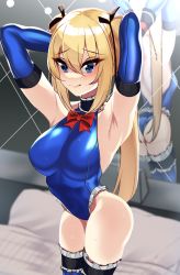 Rule 34 | 1girl, armpits, ass, black gloves, black ribbon, blonde hair, blue eyes, blue leotard, blue thighhighs, bow, bowtie, breasts, commentary request, commission, cowboy shot, dead or alive, dead or alive 5, detached sleeves, frilled leotard, frilled one-piece swimsuit, frilled thighhighs, frills, gloves, hair ornament, hair ribbon, highres, leotard, long hair, marie rose, mirror, one-piece swimsuit, pixiv commission, red bow, red bowtie, reflection, ribbon, small breasts, solo, standing, swimsuit, thighhighs, twintails, volyz, x hair ornament
