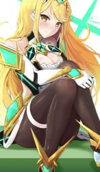 Rule 34 | 1girl, alternate costume, armor, backless dress, backless outfit, black pantyhose, blonde hair, blush, breasts, covered navel, dress, earrings, gem, gloves, headpiece, highres, ippers, jewelry, long hair, looking at viewer, mythra (massive melee) (xenoblade), mythra (xenoblade), nintendo, pantyhose, simple background, super smash bros., swept bangs, thigh strap, tiara, tsundere, very long hair, xenoblade chronicles (series), xenoblade chronicles 2, yellow eyes