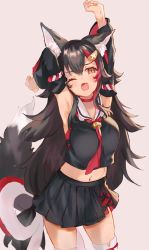 Rule 34 | 1girl, animal ear fluff, animal ears, armpits, arms up, black hair, blush, choker, commentary, cowboy shot, detached sleeves, english commentary, fang, hair ornament, hairclip, highres, hololive, japanese clothes, kouhaku nawa, long hair, looking to the side, mochii, multicolored hair, navel, one eye closed, ookami mio, ookami mio (1st costume), open mouth, red choker, red hair, rope, shimenawa, signature, simple background, sketch, solo, standing, streaked hair, stretching, tail, thighhighs, very long hair, virtual youtuber, wide sleeves, wolf ears, wolf tail, yawning, yellow eyes, zettai ryouiki