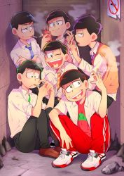 Rule 34 | 10s, 6+boys, aged down, alley, bad id, bad twitter id, black hair, brothers, cellphone, cigarette, crossed arms, heart, heart in mouth, lighter, looking at viewer, male focus, matsuno choromatsu, matsuno ichimatsu, matsuno jyushimatsu, matsuno karamatsu, matsuno osomatsu, matsuno todomatsu, messy hair, multiple boys, necktie, o2 (o2mm), one eye closed, osomatsu-kun, osomatsu-san, osomatsu (series), pants, phone, poster (medium), poster (object), school uniform, sextuplets, shoes, siblings, sitting, sleeves past wrists, smartphone, smoking, sneakers, squatting, striped necktie, striped neckwear, sweater vest, track pants
