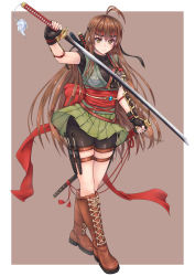 Rule 34 | 1girl, ahoge, antenna hair, armor, bodysuit, bodysuit under clothes, boots, breasts, brown eyes, brown footwear, brown hair, cross-laced footwear, fingerless gloves, gloves, headband, highres, holster, japanese armor, japanese clothes, katana, knee boots, kote, lace-up boots, large breasts, long hair, ninja, obi, original, sash, sheath, sheathed, simple background, skirt, solo, standing, sword, thigh holster, thigh strap, toriatto gununu, unsheathed, very long hair, weapon