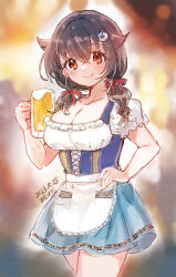 Rule 34 | 1girl, alcohol, alternate costume, apron, artist name, beer, beer mug, black hair, blue skirt, bodice, breasts, cleavage, cup, dated, dirndl, german clothes, hair flaps, highres, jingei (kancolle), kantai collection, kirisawa juuzou, large breasts, long hair, low twintails, mug, red eyes, shirt, skirt, solo, twintails, waist apron, waitress, white shirt
