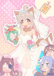 !? 2boys 4girls :3 :d @_@ ahoge alternate_breast_size alternate_costume animal_ear_fluff animal_ears animal_hands artist_name bare_shoulders black_hairband blank_eyes blue_hair blush bouquet breasts bridal_veil bride brown_eyes brown_hair card chibi chibi_inset commentary dog_ears dog_girl dog_tail dress elbow_gloves eyepatch fang flower flying_sweatdrops fujimi_nemu fushimi_nodoka gloves grey_hair hair_ornament hairband highres holding holding_bouquet hozuki_momiji looking_at_viewer matado_(almukha) medium_breasts multicolored_hair multiple_boys multiple_girls neck_fur o_o onii-chan_wa_oshimai! open_mouth outline oyama_mahiro pink_hair pointy_ears rabbit_ears sakurada_yuuta senkawa_minato skirt_hold skull_hair_ornament smile sparkle spoken_interrobang strapless strapless_dress tail thumbs_up tiara twitter_username two-tone_hair veil wedding_dress white_dress white_gloves white_outline