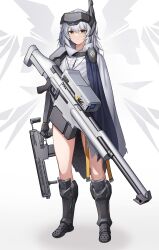 Rule 34 | 1girl, absurdres, anti-materiel rifle, armor, armored boots, assault rifle, boots, cape, chun bae, cloak, goddess of victory: nikke, gun, headgear, highres, holding, holding gun, holding weapon, long hair, mecha musume, mechanical arms, rifle, scope, shoulder armor, sig mcx, single mechanical arm, sniper rifle, snow white (nikke), solo, standing, thighs, torn clothes, visor (armor), weapon, white cape, white cloak, white hair, yellow eyes
