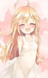 Rule 34 | 10s, 1girl, :d, ^ ^, ahoge, arms behind back, blonde hair, blush, closed eyes, collarbone, dress, closed eyes, fangs, floral background, hair between eyes, highres, leopard (yatterman), long hair, open mouth, petals, pi-pie, revision, smile, solo, time bokan (series), very long hair, white dress, yatterman, yoru no yatterman