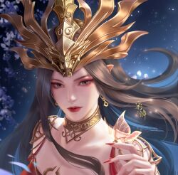 Rule 34 | 1girl, branch, brown hair, bug, butterfly, butterfly on hand, cai lin (doupo cangqiong), closed mouth, collar, doupo cangqiong, dress, earrings, flower, glowing, highres, insect, jewelry, light particles, long hair, metal collar, mou xiong233, night, pointy ears, red dress, red nails, solo, tiara, upper body, white flower