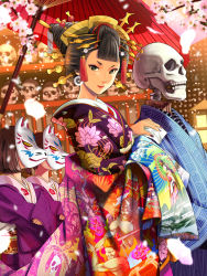 Rule 34 | 3girls, blunt bangs, branch, brown eyes, brown hair, cherry blossoms, closed mouth, commentary request, earrings, fingernails, floral print, fox mask, from side, hair ornament, hairpin, handkerchief, haori, highres, holding, japanese clothes, jewelry, kimono, lipstick, long sleeves, looking at viewer, looking to the side, makeup, mask, multicolored clothes, multicolored kimono, multiple girls, munakata (hisahige), nail polish, obi, oil-paper umbrella, petals, purple nails, red lips, red umbrella, sash, shingoku no valhalla gate, skeleton, skull, smile, solo focus, standing, tassel, umbrella, wide sleeves, yuujo