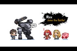 Rule 34 | 1boy, 2girls, blonde hair, cannon, directed-energy weapon, earrings, energy cannon, energy weapon, free-electron laser cannon, jewelry, kirby, kirby (series), laser cannon, long hair, magnetic weapon, mecha, metal gear (robot), metal gear (series), metal gear rex, metal gear solid, miniskirt, multiple girls, mythra (massive melee) (xenoblade), mythra (xenoblade), name connection, nintendo, pixel art, pyra (xenoblade), railgun, red hair, redforge, rex (xenoblade), robot, short hair, simple background, skirt, super smash bros., tiara, weapon, xenoblade chronicles (series), xenoblade chronicles 2