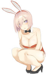 Rule 34 | 1girl, alternate costume, animal ears, bare legs, bare shoulders, breast hold, breasts, collarbone, detached collar, fake animal ears, fate/grand order, fate (series), full body, hair over one eye, high heels, highres, large breasts, leotard, looking at viewer, mash kyrielight, off shoulder, parted lips, playboy bunny, pumps, purple eyes, purple hair, rabbit ears, rabbit girl, rabbit tail, red leotard, short hair, solo, tail, thighs, throtem, wrist cuffs