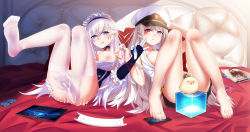 Rule 34 | 2girls, :q, azur lane, bad id, bad pixiv id, bare legs, barefoot, bed, belfast (azur lane), bird, black skirt, blush, bottomless, braid, breasts, cang se ye hua, cellphone, chain, chick, collar, condom, condom wrapper, convenient censoring, cum, cum in mouth, cum on ass, cum on body, cum on breasts, cum on upper body, enterprise (azur lane), facial, feet, french braid, frills, gloves, hat, heart, heart-shaped pupils, highres, holding, holding condom, large breasts, legs, legs up, long hair, looking at viewer, lying, maid, maid headdress, microskirt, multiple girls, naughty face, nipples, no bra, no panties, on back, on bed, open clothes, open shirt, peaked cap, phone, pleated skirt, purple eyes, shirt, skirt, sleeveless, sleeveless shirt, smartphone, smile, soles, swept bangs, symbol-shaped pupils, tablet pc, thighhighs, tongue, tongue out, torn clothes, used condom, very long hair, white hair, white legwear, white shirt, wisdom cube (azur lane)