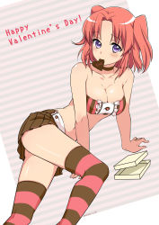 Rule 34 | 1girl, artist name, bare shoulders, blush, breasts, candy, chocolate, chocolate heart, choker, cleavage, collarbone, dated, english text, food, happy valentine, heart, large breasts, looking at viewer, midriff, mikakunin de shinkoukei, miniru, mouth hold, purple eyes, red hair, short hair, signature, skindentation, skirt, solo, striped background, striped clothes, striped thighhighs, thighhighs, twintails, two side up, valentine, yonomori kobeni