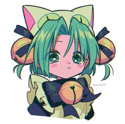 Rule 34 | 1girl, animal hat, apron, bell, black bow, blush stickers, bow, cat hat, cropped torso, dejiko, di gi charat, disgust, eyelashes, green eyes, green hair, grey hair, hair bell, hair ornament, hat, highres, looking at viewer, menma (enaic31), neck bell, parted lips, short hair, simple background, solo, twitter username, white apron, white background