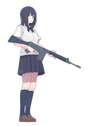 Rule 34 | 1girl, akagawa007, bad id, bad pixiv id, battle rifle, black hair, black socks, blue eyes, bow, bowtie, cardigan vest, eyebrows, fn fal, full body, gun, highres, holding, holding gun, holding weapon, kneehighs, loafers, looking at viewer, original, rifle, school uniform, shoes, short sleeves, simple background, skirt, socks, solo, standing, trigger discipline, weapon, white background