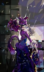 Rule 34 | 1girl, animal ears, backless dress, backless outfit, bag, blaze the cat, cat ears, cat girl, cat tail, dress, drizzlingprince, from behind, fur-trimmed gloves, fur trim, furry, furry female, gloves, handbag, highres, looking at viewer, looking back, ponytail, purple dress, purple fur, sonic (series), tail, white gloves, yellow eyes