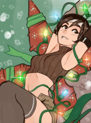 Rule 34 | 1girl, armpits, arms up, black hair, breasts, christmas, christmas lights, commentary, elbow gloves, english commentary, final fantasy, final fantasy vii, flat color, gift wrapping, gloves, grey thighhighs, headband, huge weapon, midriff, navel, open fly, short hair, shorts, shuriken, sleeveless, sleeveless turtleneck, small breasts, smile, solo, thighhighs, turtleneck, vashperado, weapon, weapon on back, yuffie kisaragi