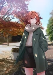Rule 34 | 1girl, absurdres, akibin (akibin drawing), autumn, black skirt, blurry, blurry background, brown hair, coat, cropped legs, day, green coat, grey scarf, hands in pockets, highres, higuchi madoka, idolmaster, idolmaster shiny colors, leaf, noctchill (idolmaster), open clothes, open coat, outdoors, parted lips, purple eyes, scarf, shirt, short hair, skirt, solo, swept bangs, tree, white shirt