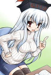 Rule 34 | 1girl, akou roushi, alternate costume, black thighhighs, blue hair, blush, book, breasts, female focus, hand on own hip, hat, hip focus, impossible clothes, impossible sweater, kamishirasawa keine, large breasts, long hair, looking at viewer, open mouth, red eyes, ribbed sweater, sitting, smile, solo, sweater, thighhighs, touhou, zettai ryouiki