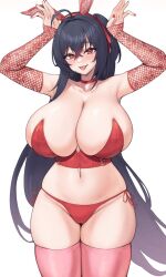 Rule 34 | 1girl, :p, ahoge, animal ears, azur lane, bare shoulders, black hair, breasts, choker, collarbone, commentary, cowboy shot, crop top, detached sleeves, fake animal ears, gigantic breasts, groin, hair intakes, hairband, highres, huge breasts, kuavera, long hair, long sleeves, looking at viewer, midriff, navel, one side up, panties, pink thighhighs, rabbit ears, red choker, red eyes, red hairband, red panties, side-tie panties, simple background, smile, solo, standing, stomach, strapless, taihou (azur lane), thick thighs, thighhighs, thighs, tongue, tongue out, underwear, very long hair, white background