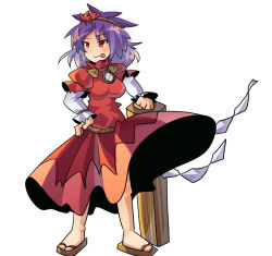 Rule 34 | 1girl, :p, dress, hair ornament, hand on own hip, impossible clothes, impossible dress, leaf hair ornament, mirror, onbashira, purple hair, red eyes, sandals, shide, smile, solo, tomato chip, tongue, tongue out, touhou, yasaka kanako