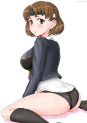 Rule 34 | 1girl, ass, black socks, black panties, blazer, brown eyes, brown hair, chiyoda (kancolle), commentary request, cypress, dress shirt, from behind, headband, highres, jacket, kantai collection, kneehighs, long sleeves, no pants, panties, shirt, short hair, simple background, socks, solo, underwear, white background, white shirt