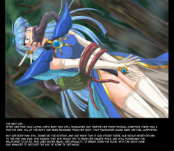 Rule 34 | 1990s (style), blue eyes, blue hair, cyclone (reizei), drugged, elbow gloves, female focus, forced, gassed, gloves, leotard, long hair, magic knight rayearth, retro artstyle, ryuuzaki umi, tentacles, text focus, thighhighs, translated, v arms