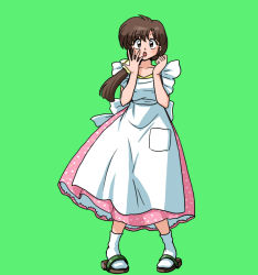 Rule 34 | 1girl, apron, brown hair, dress, ranma 1/2, skirt, socks, solo, surprised, tendou kasumi, wanta (futoshi)