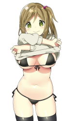 Rule 34 | 1girl, :&gt;, bikini, black bikini, black thighhighs, breasts, brown hair, clothes lift, cowboy shot, crossed arms, fang, fang out, front-tie bikini top, front-tie top, gluteal fold, green eyes, hair bobbles, hair ornament, highres, inuyama aoi, large breasts, looking at viewer, navel, shirt lift, side-tie bikini bottom, side ponytail, sidelocks, simple background, skin fang, sky-freedom, smile, solo, standing, string bikini, swimsuit, thick eyebrows, thighhighs, undressing, yurucamp
