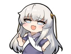 Rule 34 | 1girl, :d, blue dress, blue eyes, chibi, commentary request, dokomon, dress, fang, girls&#039; frontline, grey hair, hair over shoulder, hand on own hip, highres, korean commentary, long hair, looking at viewer, middle finger, open mouth, ribeyrolles (girls&#039; frontline), shaded face, simple background, skin fang, smile, solo, upper body, white background
