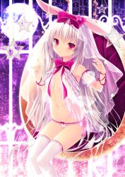 Rule 34 | 1girl, animal ears, armpits, babydoll, bare shoulders, bow, bowtie, breasts, detached sleeves, fingernails, flat chest, frilled panties, frilled thighhighs, frills, full moon, glowing, groin, hair bow, head tilt, highres, legs together, lingerie, long fingernails, long hair, looking at viewer, minatsuki alumi, moon, navel, original, panties, parted lips, pink bow, pink bowtie, pink eyes, pink panties, puffy short sleeves, puffy sleeves, rabbit ears, see-through, short sleeves, silver hair, sitting, solo, star (symbol), stomach, thighhighs, underwear, underwear only, veil, very long hair, white thighhighs, wrist cuffs