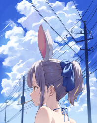 Rule 34 | 1girl, absurdres, animal ears, blue bow, blue ribbon, blue sky, bow, brown eyes, cloud, commentary request, day, from behind, from side, grey hair, hair bow, hair ribbon, highres, indie virtual youtuber, long hair, mochizuki himari, power lines, rabbit ears, ribbon, sidelocks, sky, solo, tansui san (tcjp4784), utility pole, virtual youtuber