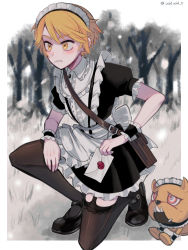Rule 34 | 1boy, back bow, bag, black dress, blonde hair, blush, bow, center frills, closed mouth, collar, crossdressing, dog, dress, envelope, forest, frilled collar, frilled cuffs, frilled dress, frilled sleeves, frills, garter straps, holding, holding envelope, identity v, maid headdress, male focus, mary janes, nature, on one knee, puffy short sleeves, puffy sleeves, satchel, shoes, short hair, short sleeves, solo, stitched mouth, stitches, tendenbarabara, thighhighs, twitter username, victor grantz, wick (identity v), wrist cuffs, yellow eyes