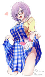 Rule 34 | 1girl, :d, ahoge, artist name, bag, between breasts, black-framed eyewear, breasts, checkered clothes, checkered dress, collarbone, cropped legs, dated, dress, eyes visible through hair, fate/grand order, fate (series), fingernails, fou (fate), from below, glasses, hair over one eye, handbag, heart, jacket, long hair, looking at viewer, looking down, mash kyrielight, mash kyrielight (senpai killer outfit), medium breasts, official alternate costume, open clothes, open jacket, open mouth, over shoulder, pink hair, purple eyes, shiny skin, short hair, short sleeves, shoulder bag, simple background, skirt hold, smile, solo, standing, strap between breasts, sweat, thighs, unbuttoned, very long hair, white background, yukiguni yuu