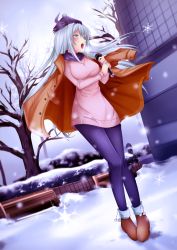 Rule 34 | 1girl, ankle boots, aqua eyes, bench, blush, boots, breath, brown footwear, building, funarie, fur boots, fur trim, hat, jacket, leggings, lovinnee, microphone, open clothes, open jacket, open mouth, original, outdoors, pantyhose, park bench, pink sweater, scarf, silver hair, snow, snowflakes, snowing, solo, sweater, tree, unbuttoned, winter