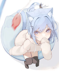 Rule 34 | 1girl, absurdres, animal ear fluff, animal ears, animal hood, black thighhighs, blue hair, blurry, blurry foreground, brown hoodie, cat ears, cat girl, cat tail, commentary, covered mouth, depth of field, drawstring, fake animal ears, foreshortening, from above, hair between eyes, hair intakes, hair ornament, hairclip, hand up, highres, hood, hood down, hoodie, looking at viewer, looking up, mayogii, no shoes, original, purple eyes, signature, sitting, solo, symbol-only commentary, tail, thighhighs, x hair ornament
