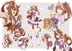 Rule 34 | 3girls, absurdres, animal ears, ascot, asymmetrical gloves, bag, black gloves, blue eyes, blue jacket, blue skirt, boots, bow, bowtie, brown footwear, brown hair, buttons, capelet, double-breasted, drinking straw, ear bow, ear piercing, enonko, epaulettes, frilled skirt, frills, gloves, hair bow, hair flaps, hand on own hip, high ponytail, highres, horse ears, horse girl, horse tail, horseshoe ornament, jacket, knee boots, layered sleeves, long hair, long sleeves, mayano top gun (umamusume), microphone, midriff, miniskirt, mismatched gloves, multicolored clothes, multicolored hair, multicolored jacket, multiple girls, multiple views, music, navel, one eye closed, orange eyes, orange hair, outside border, piercing, pink bow, pink headwear, pink neckwear, pleated skirt, puffy short sleeves, puffy sleeves, purple bow, purple bowtie, purple eyes, purple shirt, red capelet, sailor collar, sailor shirt, school bag, school uniform, shirt, short over long sleeves, short sleeves, singing, single epaulette, skirt, starting future (umamusume), streaked hair, symboli rudolf (umamusume), tail, thighhighs, tokai teio (umamusume), tracen school uniform, track suit, two-tone hair, two-tone jacket, two-tone skirt, umamusume, v, white footwear, white gloves, white hair, white jacket, white legwear, white skirt